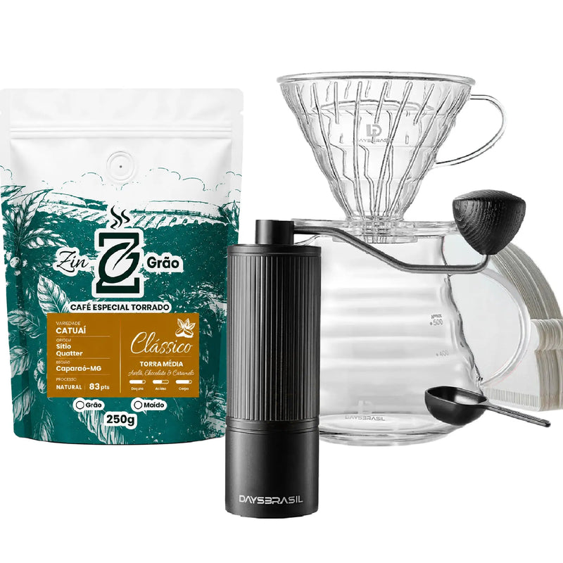 Kit Barista Pro ZinGrão com moedor, kit de preparo V60 e café especial