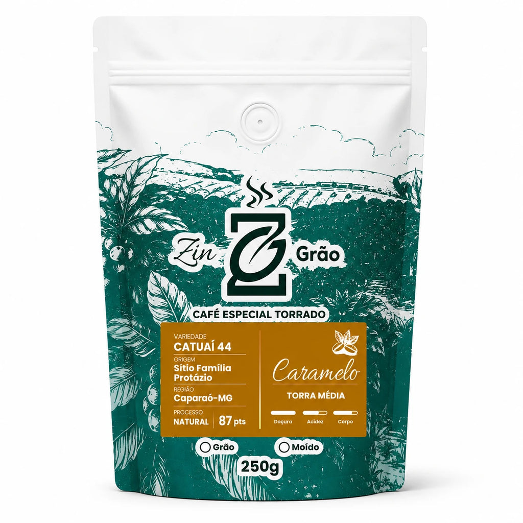 Pacote de Café Especial Caramelo Família Protázio ZinGrão 250g, variedade Catuaí 44 do Sítio Família Protázio, Caparaó-MG, 87 pontos