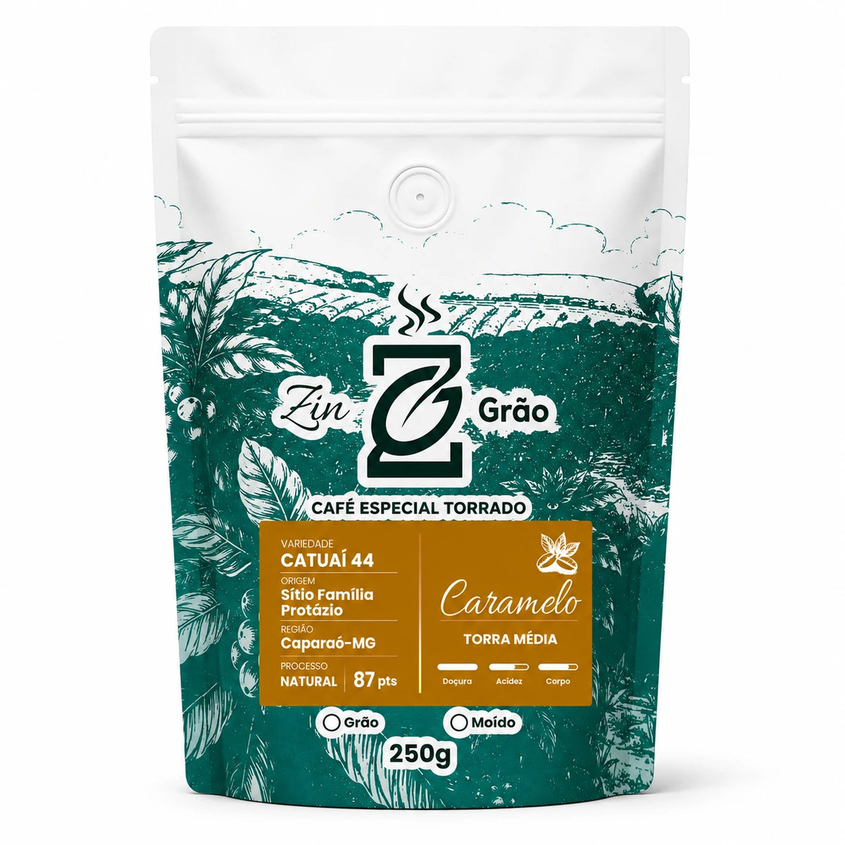 Pacote de Café Especial Caramelo Família Protázio ZinGrão 250g, variedade Catuaí 44 do Sítio Família Protázio, Caparaó-MG, 87 pontos