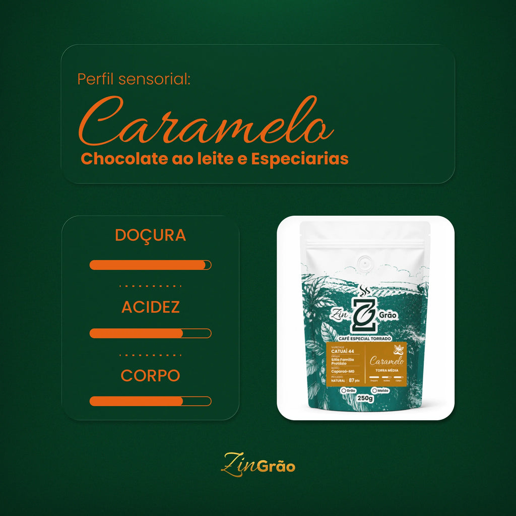 Perfil sensorial do Café Caramelo Família Protázio ZinGrão: notas de chocolate ao leite e especiarias, com doçura intensa e acidez marcante