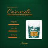 Perfil sensorial do Café Caramelo Família Protázio ZinGrão: notas de chocolate ao leite e especiarias, com doçura intensa e acidez marcante