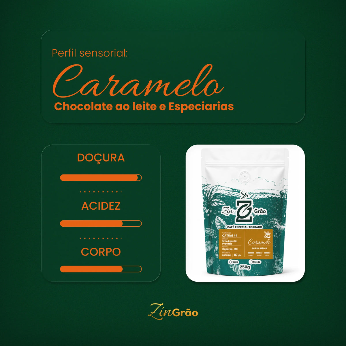 Perfil sensorial do Café Caramelo Família Protázio ZinGrão: notas de chocolate ao leite e especiarias, com doçura intensa e acidez marcante