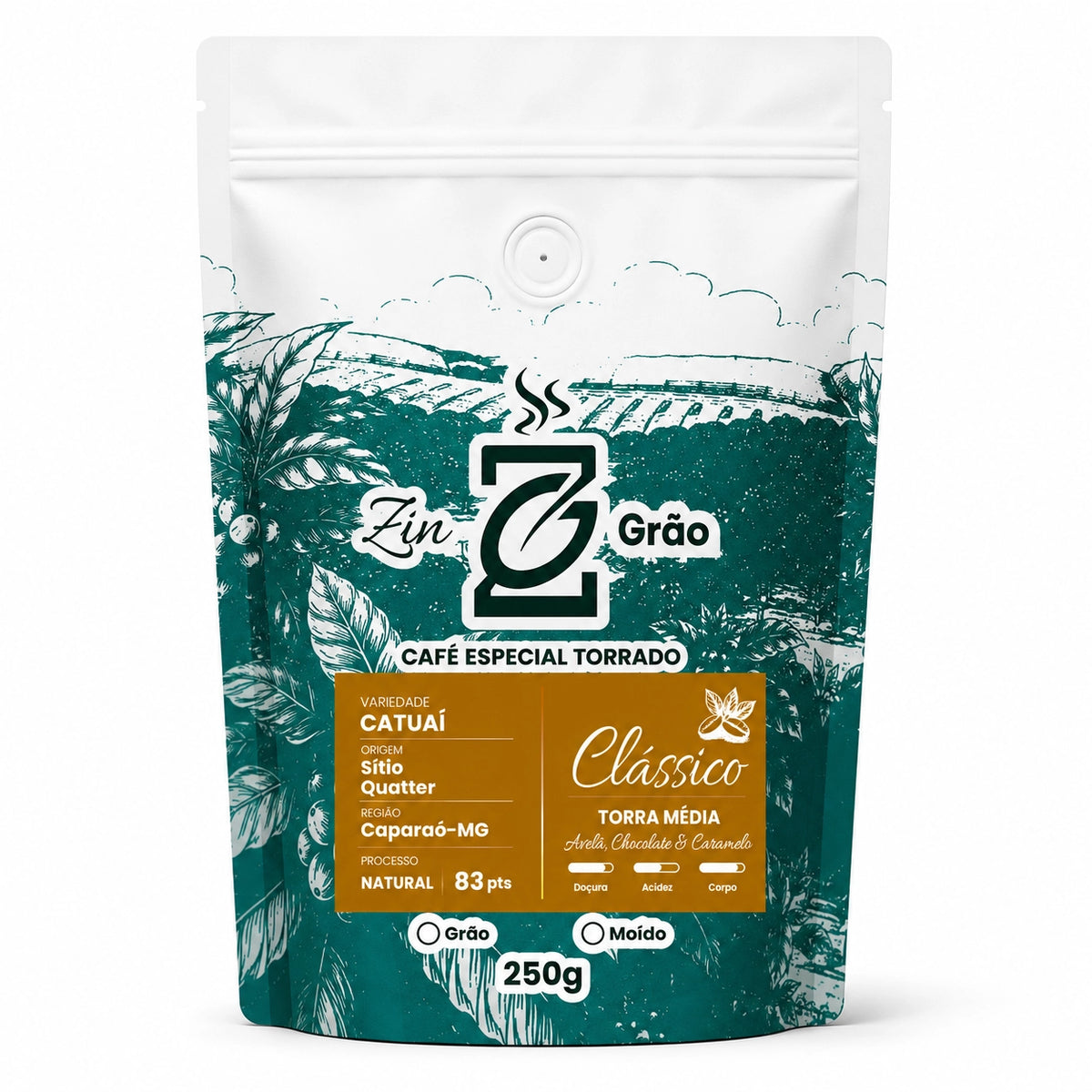 Pacote de Café Especial Clássico Avelã ZinGrão 250g, variedade Catuaí do produtor Lanúcio Rodrigues, Caparaó-MG, processo natural
