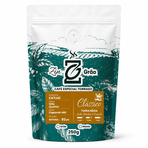 Pacote de Café Especial Clássico Avelã ZinGrão 250g, variedade Catuaí do produtor Lanúcio Rodrigues, Caparaó-MG, processo natural