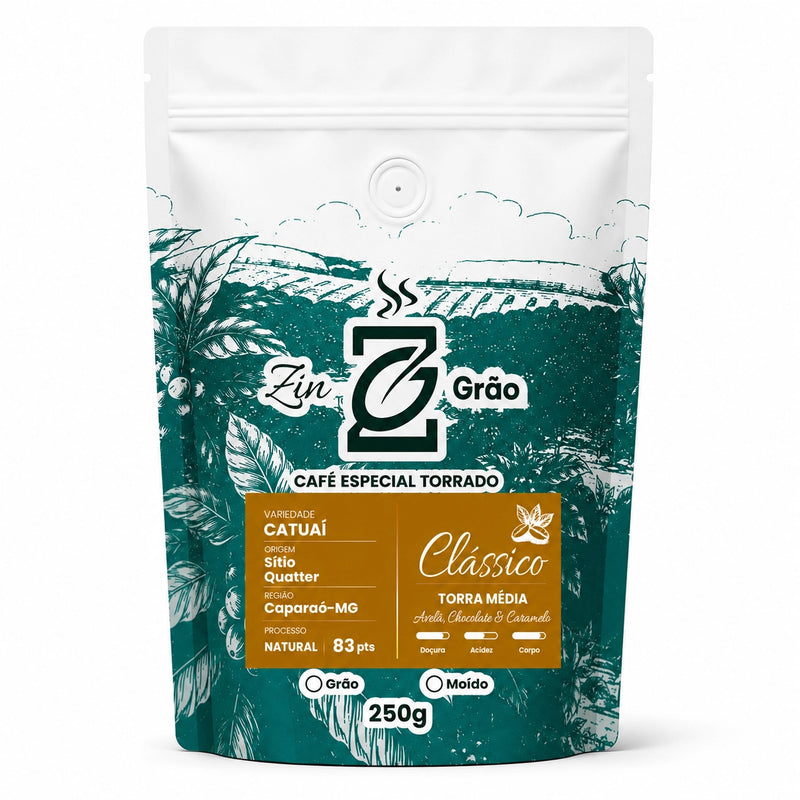 Pacote de Café Especial Clássico Avelã ZinGrão 250g, variedade Catuaí do produtor Lanúcio Rodrigues, Caparaó-MG, processo natural