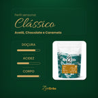 Perfil sensorial do Café Clássico Avelã ZinGrão: notas de avelã, chocolate e caramelo, com doçura marcante, acidez equilibrada e corpo intenso