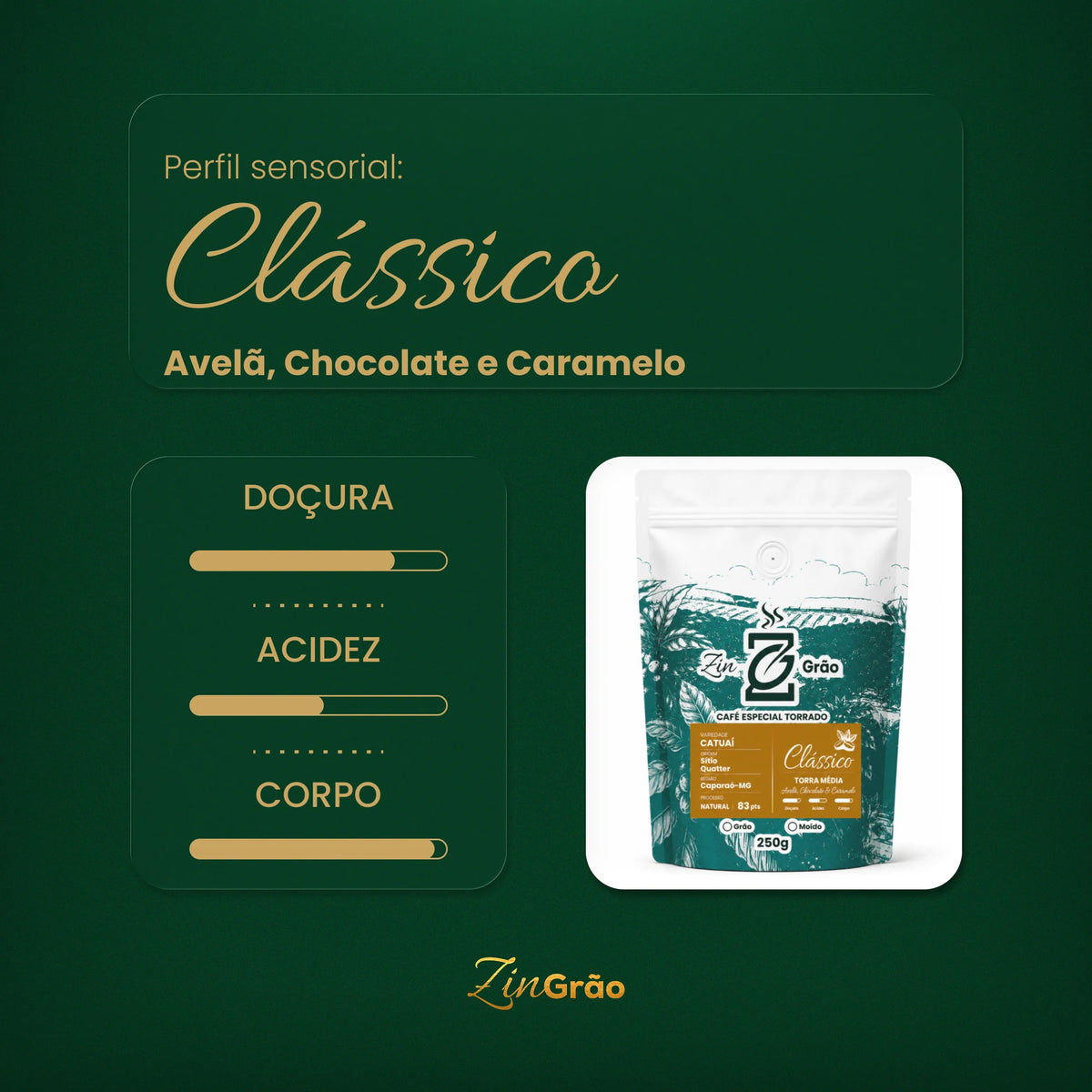 Perfil sensorial do Café Clássico Avelã ZinGrão: notas de avelã, chocolate e caramelo, com doçura marcante, acidez equilibrada e corpo intenso