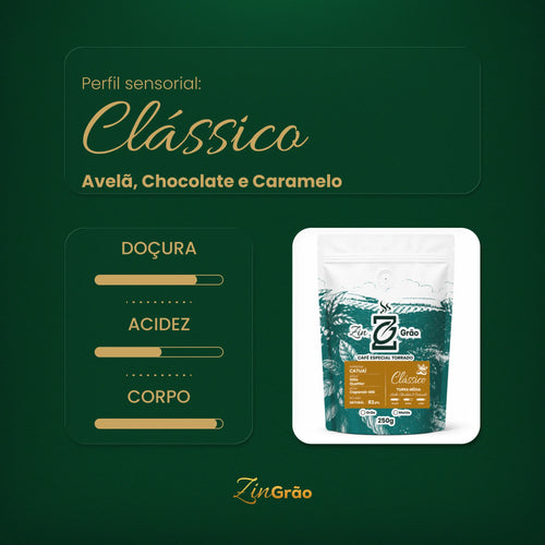 Perfil sensorial do Café Clássico Avelã ZinGrão: notas de avelã, chocolate e caramelo, com doçura marcante, acidez equilibrada e corpo intenso