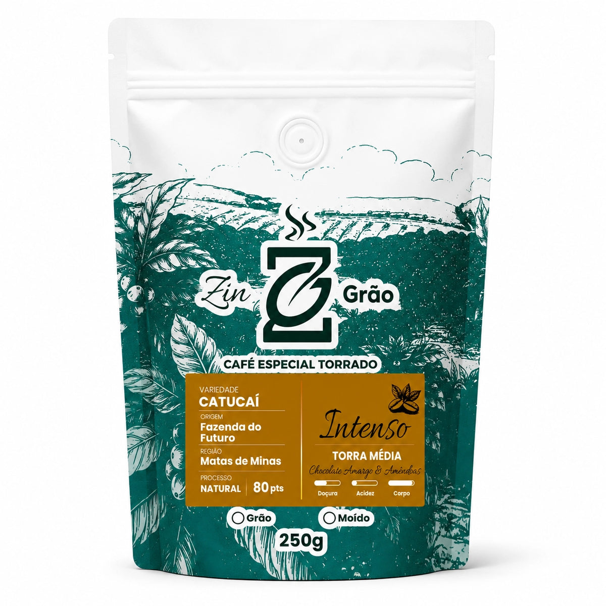 Pacote de Café Especial Intenso Chocolate ZinGrão 250g, variedade Catucaí da Fazenda do Futuro, Matas de Minas, processo natural e 80 pontos
