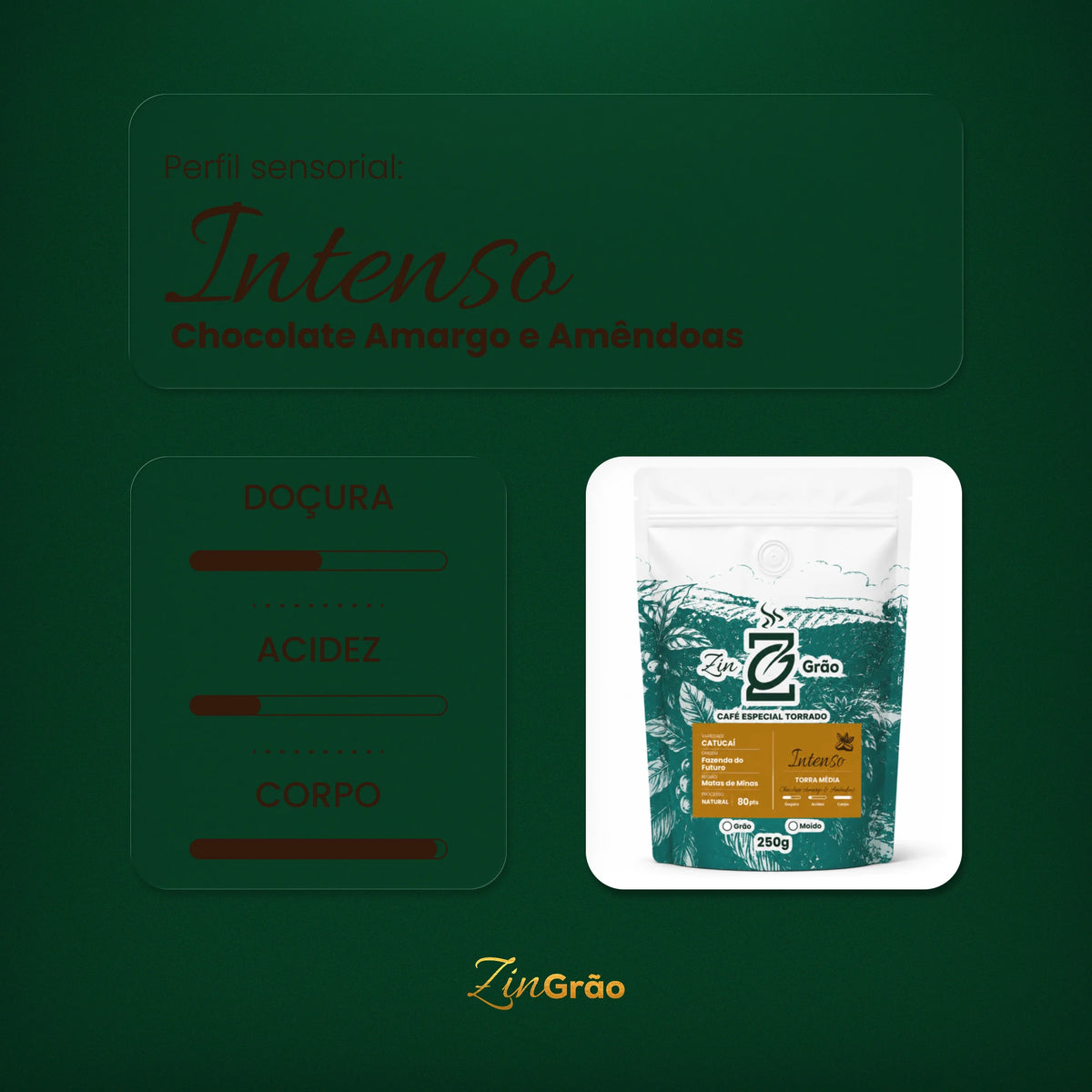 Perfil sensorial do Café Intenso Chocolate ZinGrão: notas de chocolate amargo e amêndoas, com doçura média, acidez leve e corpo intenso