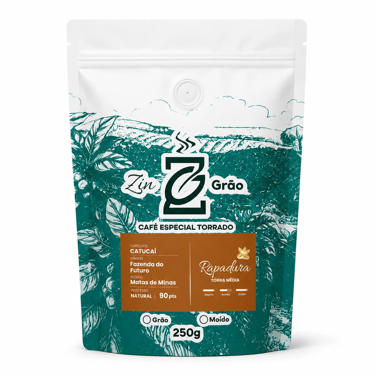 Pacote de Café Especial Orgânico Rapadura ZinGrão 250g, variedade Catucaí da Fazenda do Futuro, Matas de Minas, processo natural e 90 pontos