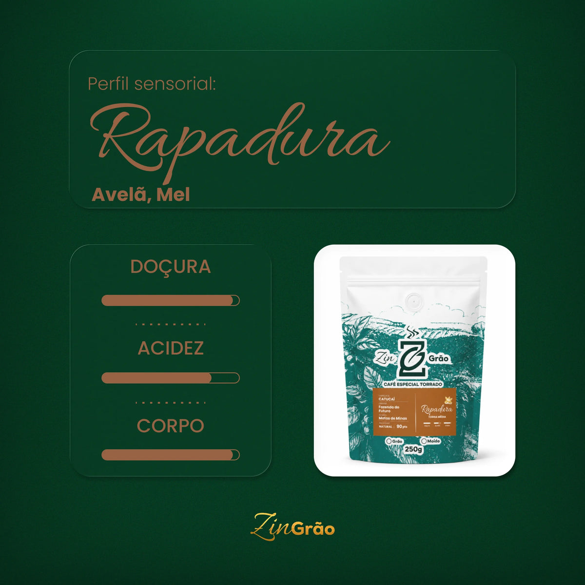 Perfil sensorial do Café Orgânico Rapadura ZinGrão: notas de avelã e mel, com doçura intensa, acidez marcante e corpo intenso