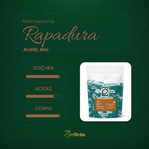 Perfil sensorial do Café Orgânico Rapadura ZinGrão: notas de avelã e mel, com doçura intensa, acidez marcante e corpo intenso
