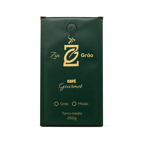 Pacote de Café ZinGrão Gourmet 250g em verde-escuro e dourado, variedade Catucaí do Sudoeste de Minas, torra média e 80 pontos