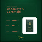 Perfil sensorial do Café ZinGrão Gourmet: notas de chocolate e caramelo, com doçura média, acidez leve e corpo intenso