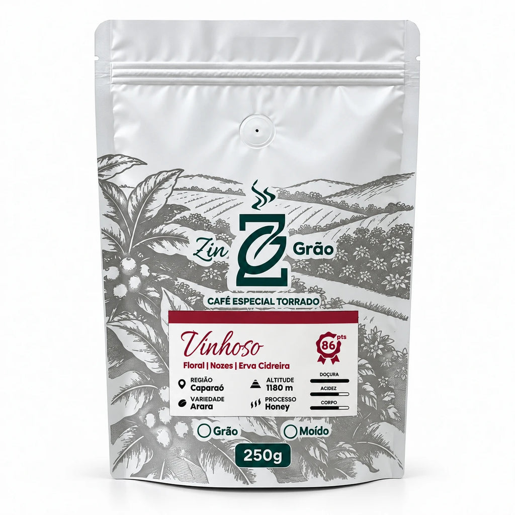 Pacote de Café Microlote Vinhoso ZinGrão 250g, variedade Arara de Bruno Schott, Caparaó