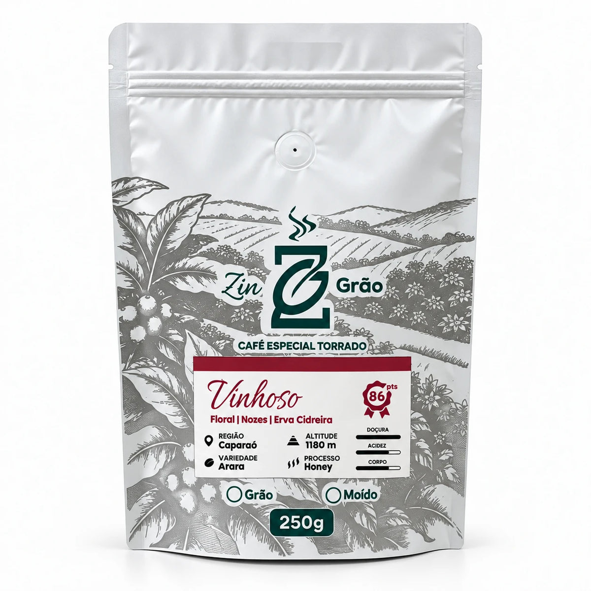 Pacote de Café Microlote Vinhoso ZinGrão 250g, variedade Arara de Bruno Schott, Caparaó