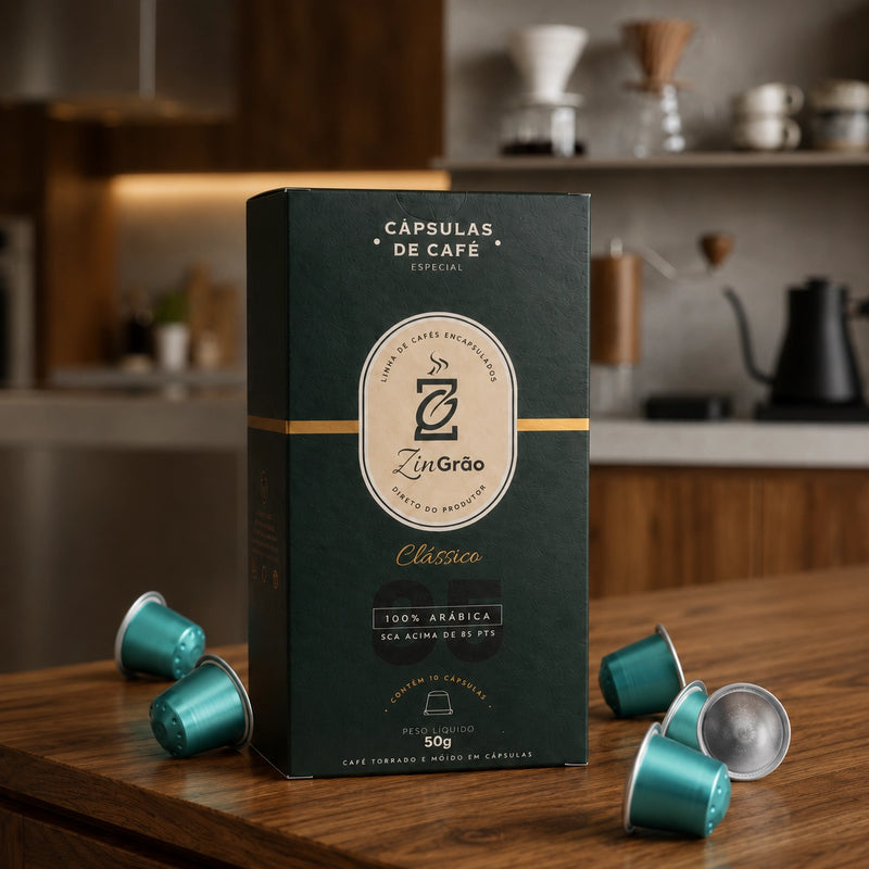 Caixa de Cápsulas de Café Especial ZinGrão Clássico com 10 unidades, 100% arábica acima de 85 pontos SCA, sobre bancada de madeira