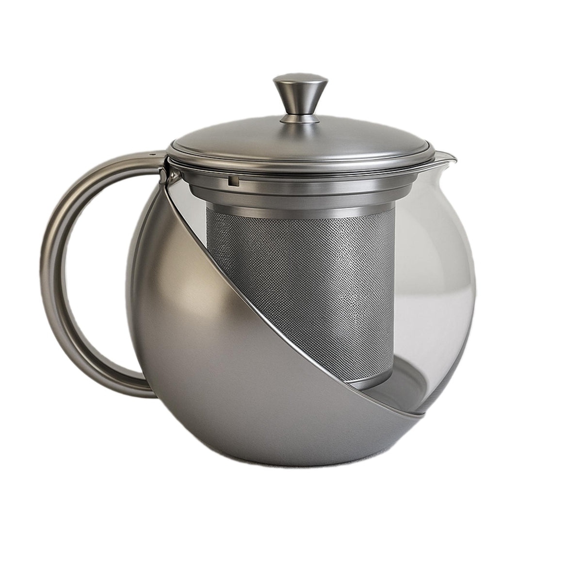 Chaleira de vidro com infusor de aço inox removível e tampa metálica, para preparo de chá e café