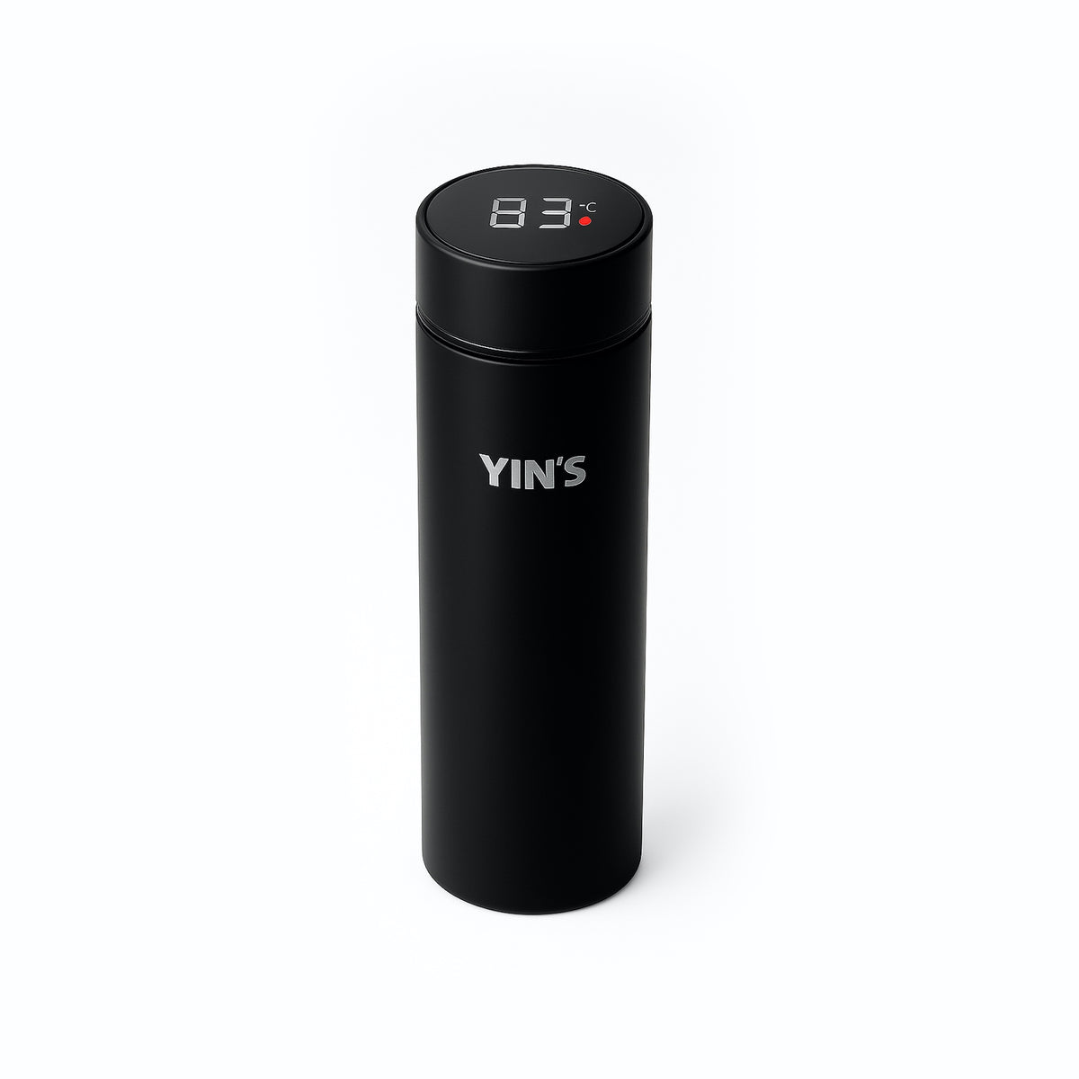 Garrafa térmica YIN'S de 500ml preta com display LED na tampa indicando a temperatura da bebida