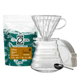 Kit Barista ZinGrão com pacote de Café Especial Intenso 250g, suporte V60, jarra de vidro, filtros de papel e colher dosadora